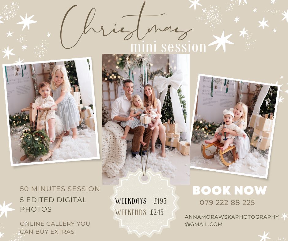 Promotional flyer for Christmas mini photography sessions showing children in festive settings, with session details, prices, contact number, and email address.